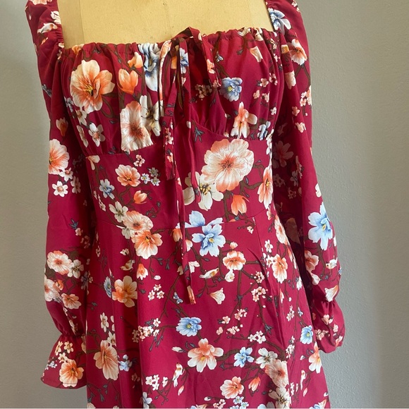 SHEIN- SZ M Maroon Floral Print Square Neck Flounce Sleeve Split Thigh Dress - Picture 6 of 7